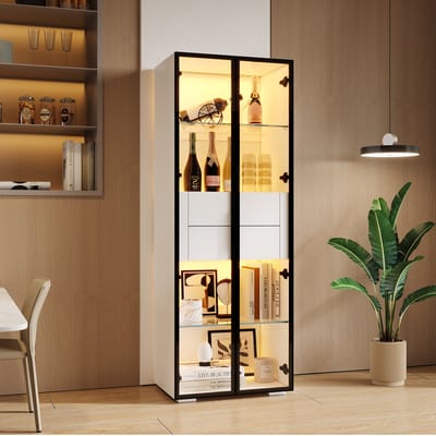STILVORA Vitrinekast - Vrijstaande Vitrine met Geharde Glasdeur en LED App-gestuurd Licht - 2 Lades - MDF+Glas - 60x40x160 cm - Wit+Zwart