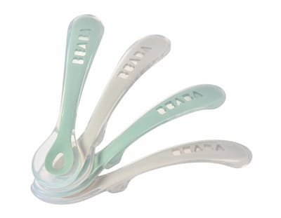 Béaba Oefenlepels Baby - Set van 4 Siliconen Lepels - Met Lepelsteun - Vanaf 8+ maanden - Velvet Grey - Sage Green