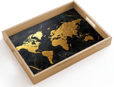 Dienblad hout 40x30 cm - Schootdienblad - Wereldkaart - Goud - Marmer - Borrelplank rechthoek - Plateau dienbladen