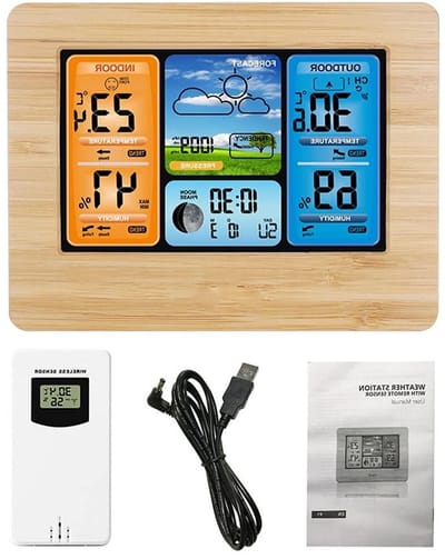 Digitaal Weerstation - Weerklok Barometer - Weersvoorspelling Binnen - Draadloze Buitensensor - 16.7 x 12.9 x 3 cm - Houtkleur