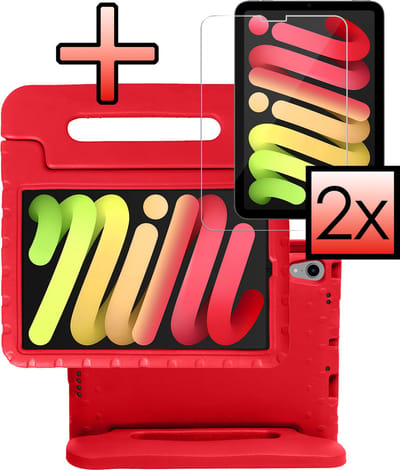 Hoes - Geschikt voor Apple iPad Mini 7 (2024) - 8.3 inch - 7e Generatie - Met 2x Screenprotector - Kinderhoes Shockproof Bumper - Kidsproof Case - Tablet Hoesje - Kinder Cover - Rood
