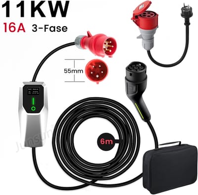 JUNSUN Draagbare 3.68/11kW 16A 1/3-Fase EV Laadkabel Geschikt voor alle elektrische auto's - Type 2 Laadpaal , 6M Kabel + LCD Scherm & Opbergtas - 6A/8A/10A/13A/16A Schakelbaar - IEC62196-2 & IP67 - 3 jaar garantie