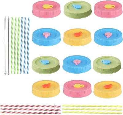 Allecta - Mason Jar Deksels Set van 12 Stuks - Siliconen Ringen en Reinigingsborstel - BPA-vrij - Compatibel met Potten - 4 Kleuren