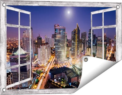 Gards Tuinposter Doorkijk Makati Stad Skyline in de Nacht in Thailand - 60x40 cm - Tuindoek - Tuindecoratie - Wanddecoratie buiten - Tuinschilderij