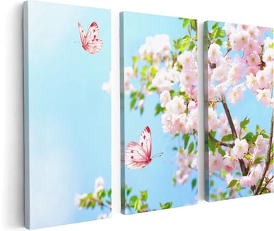 Artaza Canvas Schilderij Drieluik Twee Roze Vlinders Bij Roze Bloesem Bloemen - 120x80 - Foto Op Canvas - Canvas Print