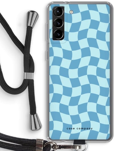 Case Company® - Hoesje met koord geschikt voor Samsung Galaxy S21 Plus hoesje met Koord - Grid Blauw - Telefoonhoesje met Zwart Koord - Bescherming aan alle Kanten en Over de Schermrand