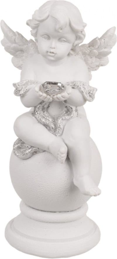 Beeld Cherubijn Engel zittend op bol met steentje hart in de hand 16 x 7 x 6 cm