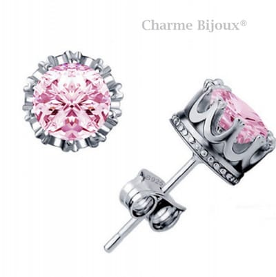 Oorbellen- Kroon- zilverkleur-Roze- 6 mm-Charme Bijoux