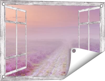 Gards Tuinposter Doorkijk Pad in de Weide tijdens de Mist - 60x40 cm - Tuindoek - Tuindecoratie - Wanddecoratie buiten - Tuinschilderij