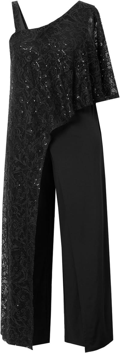 Ulla Popken - Dames - Jumpsuit kanten overlay wijde pijpen pailletjes - Zwart - Maat 58+