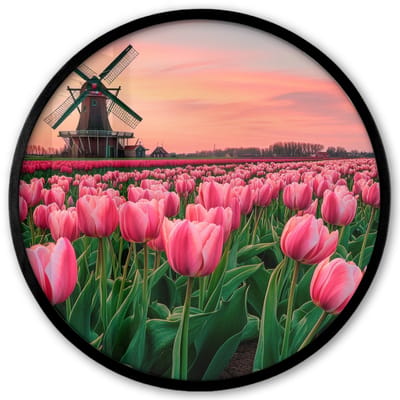 Poster in lijst Rond - Fotolijst 40x40 cm - Posters - Tulpen - Molen - Nederland - Ronde posterlijst zwart - Decoratie - Wanddecoratie woonkamer - Muurdecoratie slaapkamer
