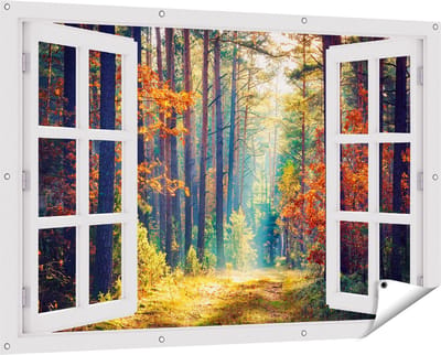 Gards Tuinposter Doorkijk Herfstbos met Zonneschijn - Kleur - 150x100 cm - Tuindoek - Tuindecoratie - Wanddecoratie buiten - Tuinschilderij