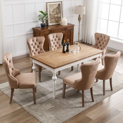 Eetkamerstoelen - Set van 6 - Met Luxe Deurklopper - Siernagels en Houten Poten - Fluweel - Bruin