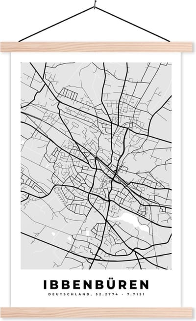 Posterhanger incl. Poster 40x60 cm - Schoolplaat - Duitsland - Plattegrond - Kaart - Ibbenbüren - Stadskaart - Textielposter - Blanke latten - Stadskaart