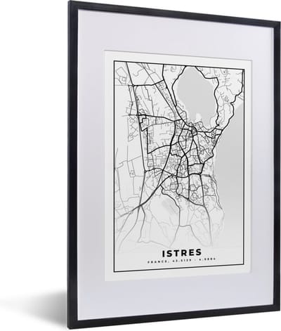 Fotolijst incl. Poster Zwart Wit- Frankrijk - Istres - Kaart - Plattegrond - Stadskaart - Zwart wit - 30x40 cm - Posterlijst