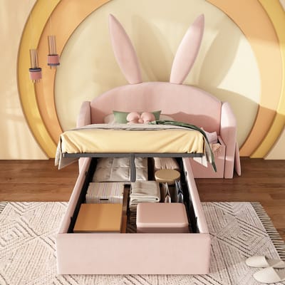 HAUSS SPOLE Kinderbed 90x200 cm - Gestoffeerd Bed Met Opbergruimte En Nachtkastje - Zonder Matras - Fluweel - Roze