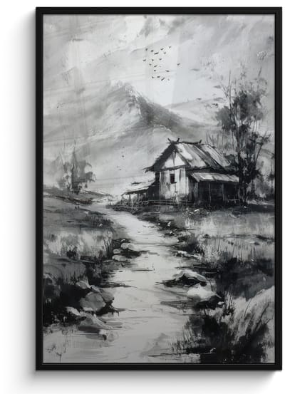 Poster in lijst - Fotolijst 80x120 cm - Posters - Hut - Grijs - Bergen - Mistig - Posterlijst zwart - Decoratie - Wanddecoratie woonkamer - Muurdecoratie slaapkamer