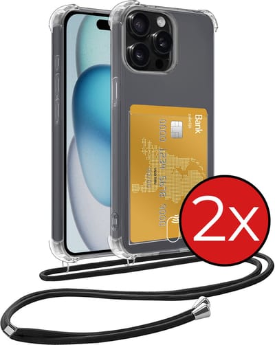 Hoesje Geschikt voor iPhone 15 Pro Hoesje Met Telefoonkoord en Pasjeshouder Siliconen - Hoes Geschikt voor iPhone 15 Pro Hoesje Met Kaarthouder Shock Proof Case - Transparant - 2 PACK