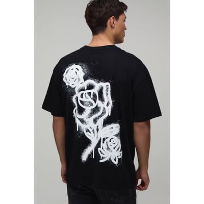 Zwart Oversized T-shirt Met Graffiti Bloemenprint | Black | Size XS