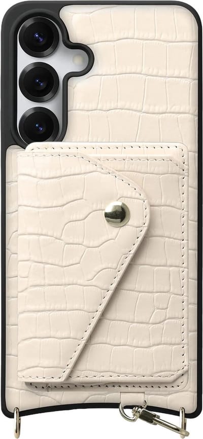 AVY Leren Hoesje Geschikt voor Samsung Galaxy S25 / S24 | Met Magnetische Kaarthouder | Compatibel met MagSafe | Leather Case met Wallet | Croco Beige