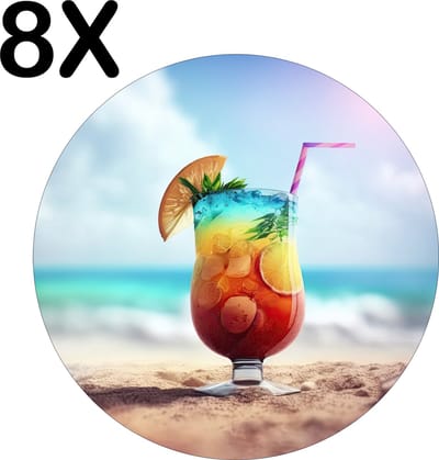 Luxe Ronde Placemat - Tropische Cocktail op het Strand - Set van 8 Placemats - 50x50 cm - 2 mm dik Vinyl - Anti Slip - Afneembaar