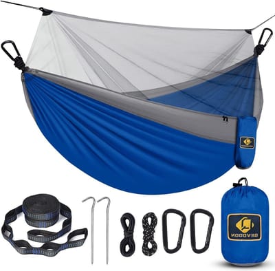 Camping Hangmat - Reis Hangmat - Buiten Ontspannen - Met Geïntegreerd Net - 2.9 x 1.45 Meter - Blauw & Grijs