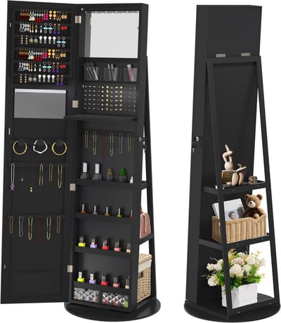 NAIZY Sieradenkast met spiegel spiegelkast make-upkast 360° draaibaar met 6 led's afsluitbare sieradenopberger make-up organizer 3-in-1 met grote spiegel staande spiegel, zwart