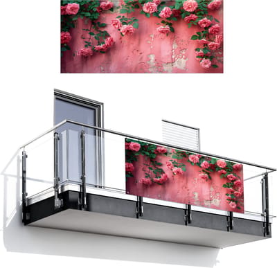 Balkonscherm 200x90 cm - Balkonposter Roze - Bloemen - Rozen - Bladeren - Balkon scherm decoratie - Balkonschermen - Balkondoek zonnescherm