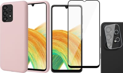 Hoesje geschikt voor Samsung Galaxy A33 - Matte Back Cover Microvezel Siliconen Case Hoes Roze - Full Tempered Glass Screenprotector - Camera Lens Protector