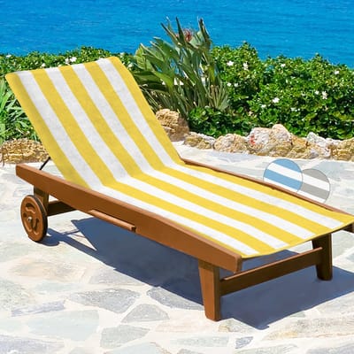 Beautissu Ligbed Handdoek 75x200 cm Cassis – 100% Katoen Handdoek voor Ligstoel met Antislip Kap 15 cm, Hoes voor Zonnebed Tuin, Strand of Zwembad, Zacht en Absorberend, Geel Gestreept