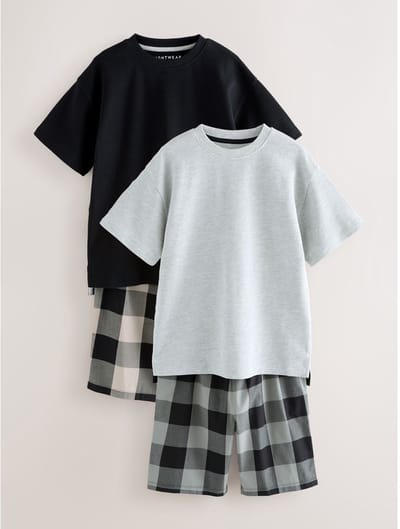 Next - Jongens - 2 Pack Geweven Ruit Oversized Pyjama's - Grijs