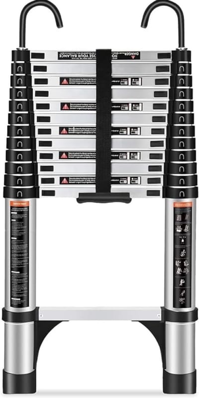 QIN® Telescopische Ladder - Telescopische Vouwlaer - Uitschuifbare ladder - 150 kg Capaciteit - 2,6m - Zwart/Zilver - 81cm x 81cm x 8cm