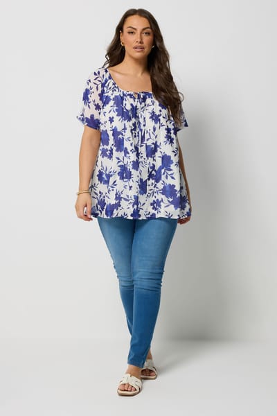 Yours Donkerblauwe Blouse Met Bloemenprint, Korte Mouwen En Plooiing Size 42