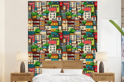 Behang - Fotobehang Patronen - Huis - Boom - Jongens - Kinderen - Kids - Breedte 225 cm x hoogte 280 cm