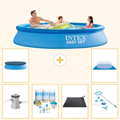 Intex Rond Opblaasbaar Easy Set Zwembad - 305 x 61 cm - Blauw - Inclusief Pomp - Onderhoudspakket - Solar Mat - Schoonmaakset - Afdekzeil - Grondzeil - 7-delig