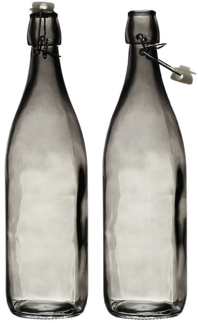 Home Deco Factory Beugelfles/weckfles - 2x - glas - antraciet transparant - luchtdicht - 1.0 liter - waterfles - limonade - 8 x 32 cm