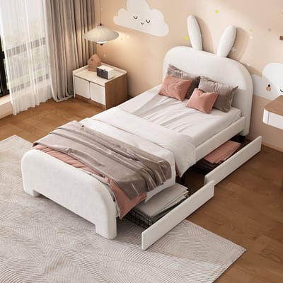DESMIU Kinderbed 90x200 cm – Gestoffeerd Bed met Konijnenhoofdbord – Met 2 Opbergladen – Zonder Matras – Voor Kinderkamer – Zachte Pluche – Wit