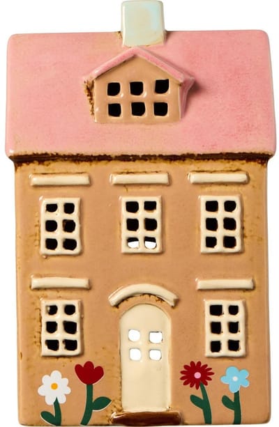 Ib Laursen - Keramieken huisje - Lichtbruin met bloemetjes, roze dak - Waxinelichthouder