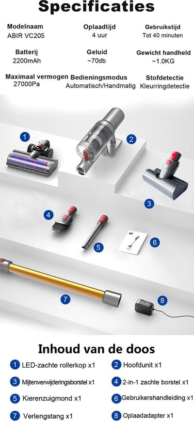 SILET® Snoerloze Steelstofzuiger - ABIR - 27000PA - Slimme Stofsensor - LED Touchscreen - Automatische Snelheidsregeling