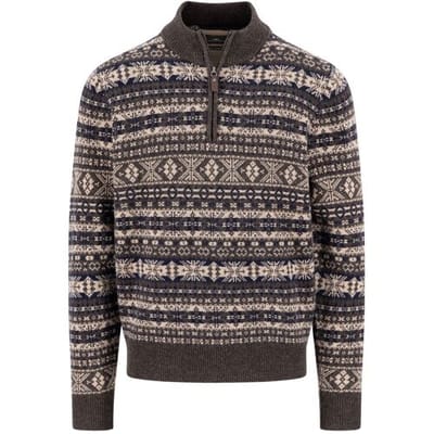 Fynch-Hatton Trui Troyer Zip Fantasy Jacquard Lamswol Dark Chocolate / male