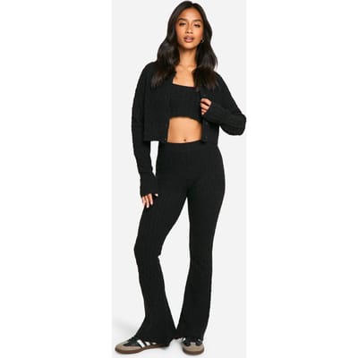 boohoo Dames Petite Soft Cable Knitted Cardigan, Crop Top And Flare Leg Trouser 3 Piece Set | Black | Maat: Large