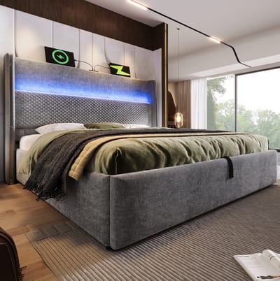 COVREO Hydraulisch bed met hoog hoofdbord – 160x200 cm – Bedframe met LED en laadstation – Opbergbed voor slaapkamer – Grijs - met matras