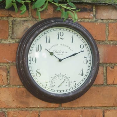 Wandklok Thermometer - Buitenklok Tuinornament - Tijd Buiten Meten - Weerbestendig Steeneffect - 30 cm Diameter - Antiek Grijs