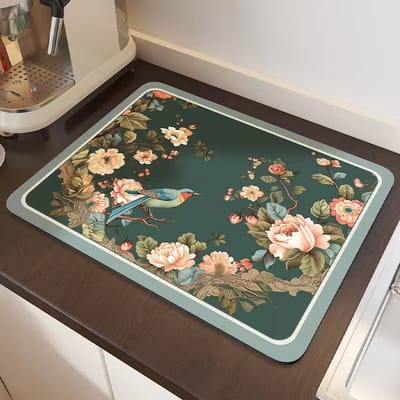 Afdruipmat/superabsorberende afdruipmat voor de keuken/droogmat/antislipmat voor op het aanrecht, geschikt voor koffiemachine, servies, bar, werkblad 30 x 40 cm Bloemen en vogels 1