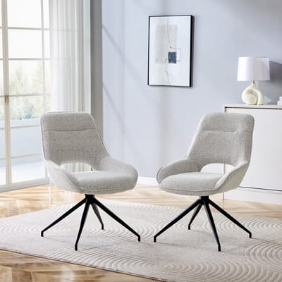 [Set van 2] 360° draaibare eetkamerstoel in beige-grijze stof: Zwart gelakt metalen frame met vier poten, beige-grijze ademende, gestructureerde stof, geschikt voor moderne eetkamers.