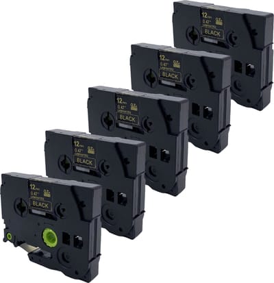 DULA Brother Compatible label tape- Tze-334 - 5 cassettes - Brother P-Touch - Goud op zwart - 12mm x 8m
