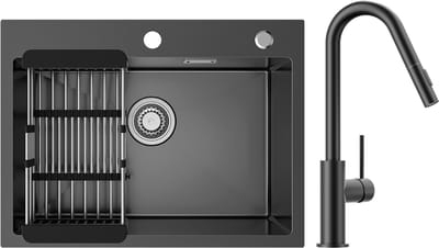 Sofetiy MAX Spoelbak Keuken 60x45cm - Spoelbakken Keuken Met Keukenkraan Zwart - Spoelbak Keuken met Kraangat - Spoelbak met Afdruipgedeelte - Antraciet