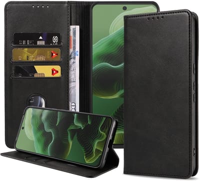 Geschikt voor Motorola Moto G35 Telefoonhoesje Kunstleer met Magnetische sluiting en Pasjeshouder Bookcase met Klepje - Walletcase with Cardslot - Zwart - Smartphonica geschikt voor Motorola Moto G35