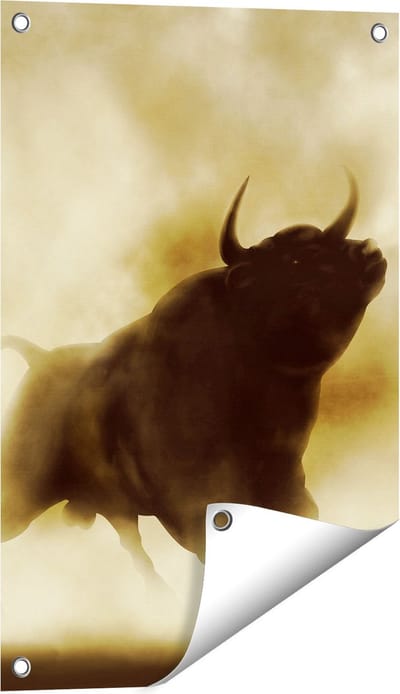 Gards Tuinposter Zwarte Stier in het Stoffige Rook - 40x60 cm - Tuindoek - Tuindecoratie - Wanddecoratie buiten - Tuinschilderij