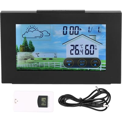Horloge météo avec écran tactile couleur rétroéclairé, thermomètre et hygromètre pour intérieur et extérieur.